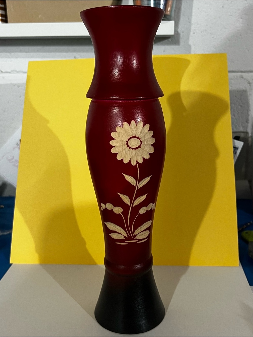 Vintage Hand-Carved Mango Wood Floral Vase Red Black